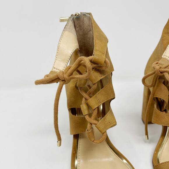 Jessica Simpson 6 Tan Loreez Lace Up Chunky Block Heels Open Toe Faux Suede - Picture 5 of 12